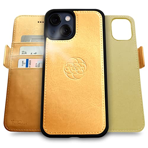 Dreem Fibonacci iPhone 13 Brieftaschen-Etui / 2-in-1 stoßfestes Etui und abnehmbares Folio aus veganem Leder, MagSafe-kompatibel, RFID-Schutz [Gold] von Dreem