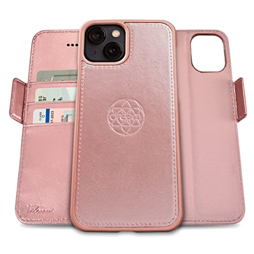 Dreem Fibonacci kompatibel mit iPhone 13 Brieftaschen-Etui / 2-in-1 stoßfestes Etui und abnehmbares Folio aus veganem Leder, MagSafe-kompatibel, RFID-Schutz [Rosa] von Dreem