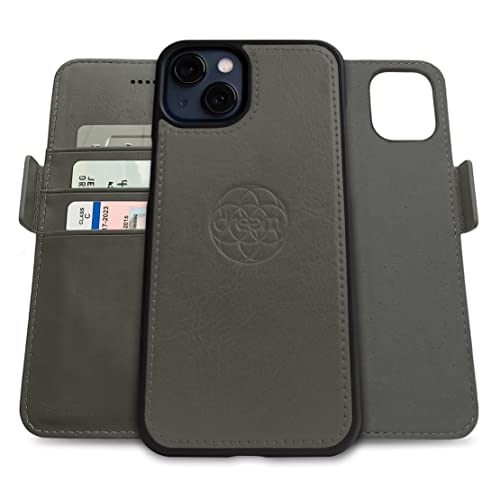 Dreem Fibonacci iPhone 13 Mini Brieftaschen-Etui / 2-in-1 stoßfestes Etui und abnehmbares Folio aus veganem Leder, MagSafe-kompatibel, RFID-Schutz [Grau] von Dreem