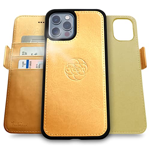 Dreem Fibonacci iPhone 13 Pro Brieftaschen-Etui / 2-in-1 stoßfestes Etui und abnehmbares Folio aus veganem Leder, MagSafe-kompatibel, RFID-Schutz [Gold] von Dreem