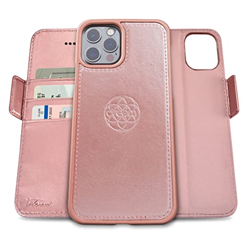 Dreem Fibonacci iPhone 13 Pro Max Brieftaschen-Etui / 2-in-1 stoßfestes Etui und abnehmbares Folio aus veganem Leder, MagSafe-kompatibel, RFID-Schutz [Rosa] von Dreem