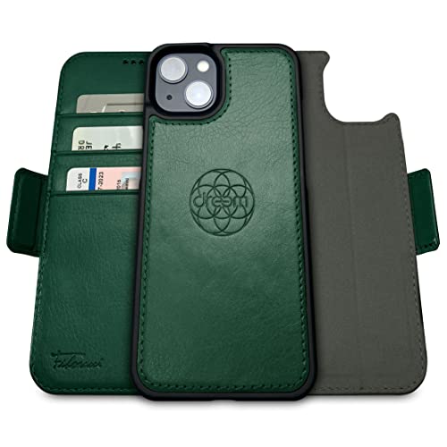 Dreem Fibonacci iPhone 14 Brieftaschen-Etui / 2-in-1 stoßfestes Etui und abnehmbares Folio aus veganem Leder, MagSafe-kompatibel, RFID-Schutz [Grün] von Dreem