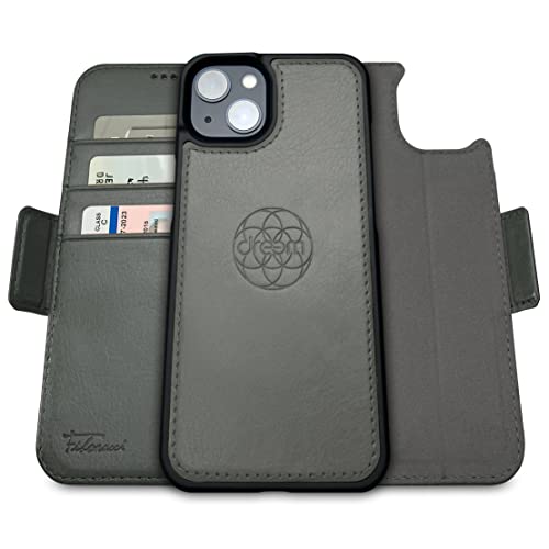 Dreem Fibonacci iPhone 14 Plus Brieftaschen-Etui / 2-in-1 stoßfestes Etui und abnehmbares Folio aus veganem Leder, MagSafe-kompatibel, RFID-Schutz [Grau] von Dreem