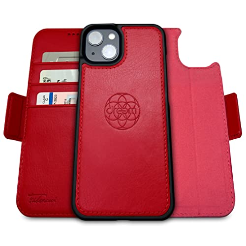 Dreem Fibonacci iPhone 14 Plus Brieftaschen-Etui / 2-in-1 stoßfestes Etui und abnehmbares Folio aus veganem Leder, MagSafe-kompatibel, RFID-Schutz [Rot] von Dreem