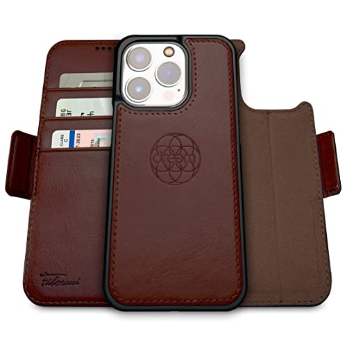 Dreem Fibonacci iPhone 14 Pro Geldbörsen-Hülle / 2-in-1 Stoßfestes MagSafe Case und abnehmbares Luxus-Vegan-Leder-Folio mit RFID-Kartenschutz und Ständer; für Frauen und Männer - Kaffee von Dreem