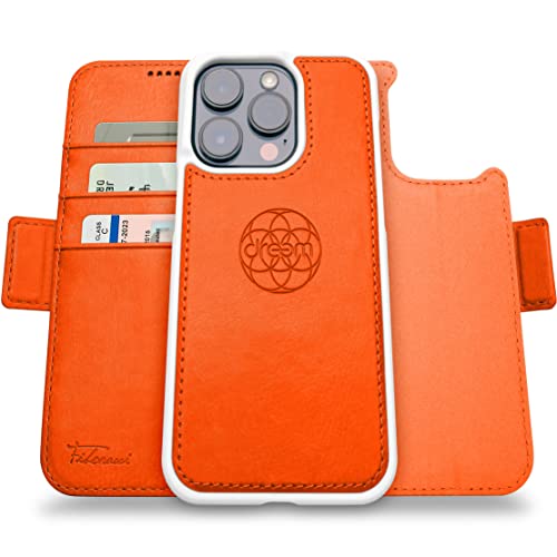 Dreem Fibonacci iPhone 14 Pro Geldbörsen-Hülle / 2-in-1 Stoßfestes MagSafe Case und abnehmbares Luxus-Vegan-Leder-Folio mit RFID-Kartenschutz und Ständer; für Frauen und Männer - Orange von Dreem