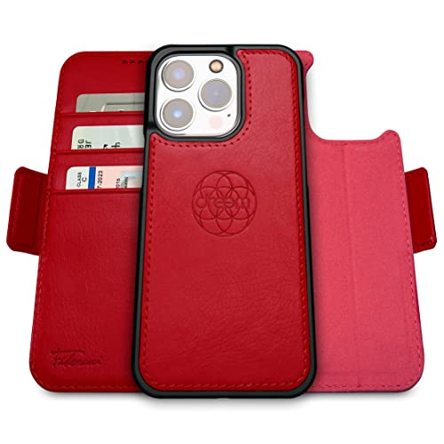 Dreem Fibonacci iPhone 14 Pro Geldbörsen-Hülle / 2-in-1 Stoßfestes MagSafe Case und abnehmbares Luxus-Vegan-Leder-Folio mit RFID-Kartenschutz und Ständer; für Frauen und Männer - Rot von Dreem