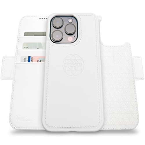 Dreem Fibonacci iPhone 14 Pro Geldbörsen-Hülle / 2-in-1 Stoßfestes MagSafe Case und abnehmbares Luxus-Vegan-Leder-Folio mit RFID-Kartenschutz und Ständer; für Frauen und Männer - Weiß von Dreem