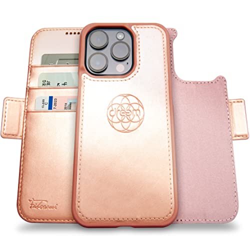 Dreem Fibonacci iPhone 14 Pro Max Brieftaschen-Etui / 2-in-1 stoßfestes Etui und abnehmbares Folio aus veganem Leder, MagSafe-kompatibel, RFID-Schutz [Rosa] von Dreem