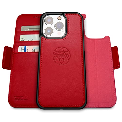 Dreem Fibonacci iPhone 14 Pro Max Brieftaschen-Etui / 2-in-1 stoßfestes Etui und abnehmbares Folio aus veganem Leder, MagSafe-kompatibel, RFID-Schutz [Rot] von Dreem