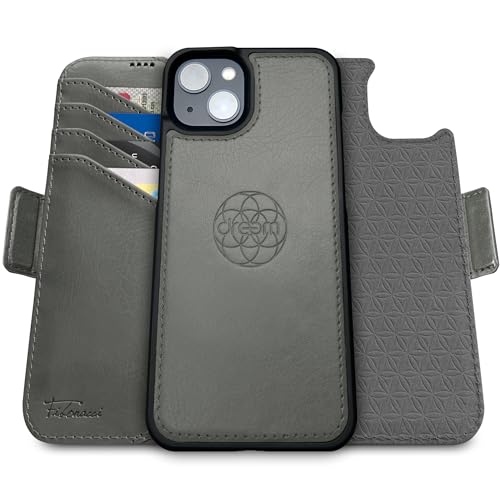 Dreem Fibonacci iPhone 15 Brieftaschen-Etui / 2-in-1 stoßfestes Etui und abnehmbares Folio aus veganem Leder, MagSafe-kompatibel, RFID-Schutz [Grau] von Dreem