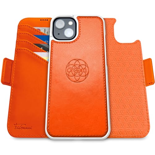 Dreem Fibonacci iPhone 15 Brieftaschen-Etui / 2-in-1 stoßfestes Etui und abnehmbares Folio aus veganem Leder, MagSafe-kompatibel, RFID-Schutz [Orange] von Dreem