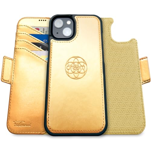 Dreem Fibonacci iPhone 15 Plus Brieftaschen-Etui / 2-in-1 stoßfestes Etui und abnehmbares Folio aus veganem Leder, MagSafe-kompatibel, RFID-Schutz [Gold] von Dreem