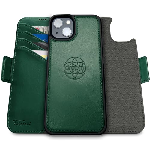Dreem Fibonacci kompatibel mit iPhone 15 Plus Brieftaschen-Etui / 2-in-1 stoßfestes Etui und abnehmbares Folio aus veganem Leder, MagSafe-kompatibel, RFID-Schutz [Grün] von Dreem