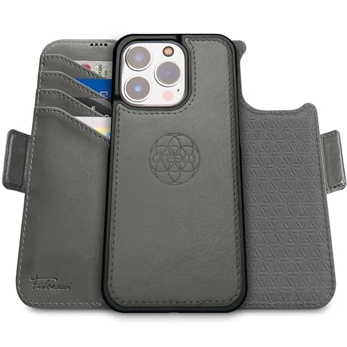Dreem Fibonacci iPhone 15 Pro Brieftaschen-Etui / 2-in-1 stoßfestes Etui und abnehmbares Folio aus veganem Leder, MagSafe-kompatibel, RFID-Schutz [Grau] von Dreem