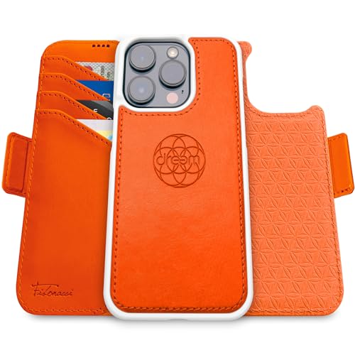 Dreem Fibonacci iPhone 15 Pro Brieftaschen-Etui / 2-in-1 stoßfestes Etui und abnehmbares Folio aus veganem Leder, MagSafe-kompatibel, RFID-Schutz [Orange] von Dreem
