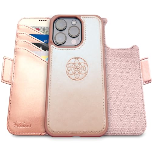 Dreem Fibonacci iPhone 15 Pro Brieftaschen-Etui / 2-in-1 stoßfestes Etui und abnehmbares Folio aus veganem Leder, MagSafe-kompatibel, RFID-Schutz [Rosa] von Dreem