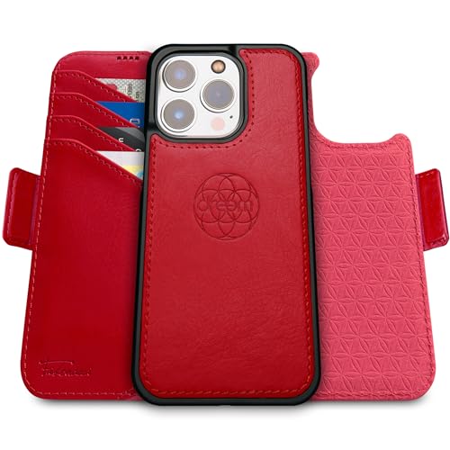 Dreem Fibonacci kompatibel mit iPhone 15 Pro Max Brieftaschen-Etui / 2-in-1 stoßfestes Etui und abnehmbares Folio aus veganem Leder, MagSafe-kompatibel, RFID-Schutz [Rot] von Dreem