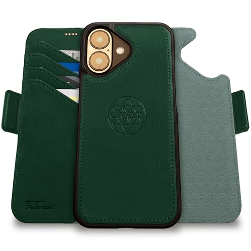 Dreem Fibonacci kompatibel mit iPhone 16 Brieftaschen-Etui / 2-in-1 stoßfestes Etui und abnehmbares Folio aus veganem Leder, kompatibel mit MagSafe, RFID-Schutz [Grün] von Dreem