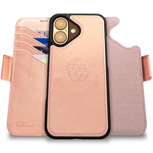 Dreem Fibonacci kompatibel mit iPhone 16 Brieftaschen-Etui / 2-in-1 stoßfestes Etui und abnehmbares Folio aus veganem Leder, kompatibel mit MagSafe, RFID-Schutz [Rosa] von Dreem