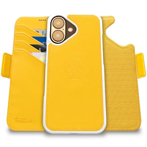 Dreem Fibonacci kompatibel mit iPhone 16 Plus Brieftaschen-Etui / 2-in-1 stoßfestes Etui und abnehmbares Folio aus veganem Leder, kompatibel mit MagSafe, RFID-Schutz [Gelb] von Dreem