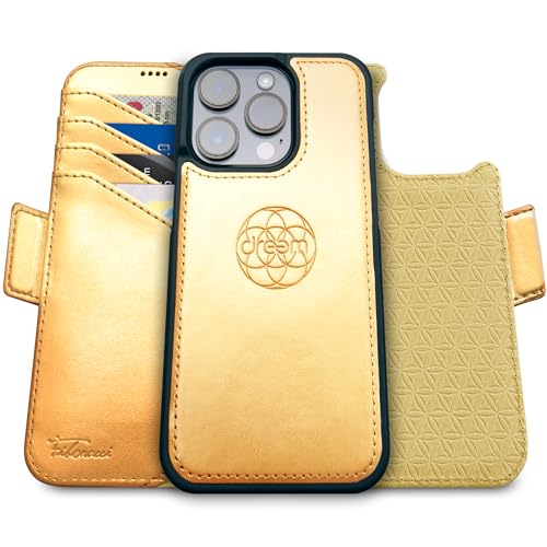 Dreem Fibonacci kompatibel mit iPhone 16 Pro Max Brieftaschen-Etui / 2-in-1 stoßfestes Etui und abnehmbares Folio aus veganem Leder, kompatibel mit MagSafe, RFID-Schutz [Gold] von Dreem