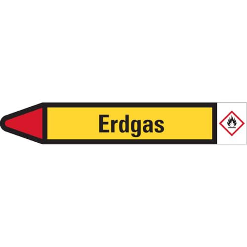 Dreifke® Aufkleber I RKZ-Etikett Erdgas, links, gelb/schwarz/rot, für Ø 40-60mm, 218x37mm, 5 Stück von Dreifke