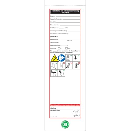 Dreifke® Leiter-Gebrauchsanweisung 2029, inkl. Prüfplakette Ø15mm, Folie, ablösbar, 75x265mm, 10/Heft von Dreifke