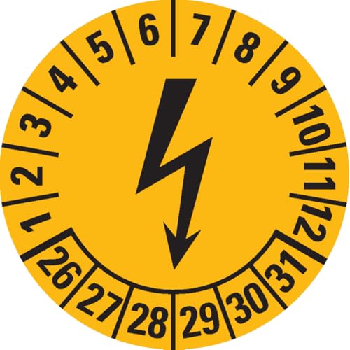 Dreifke® Prüfplakette Blitzpfeil 26-31, gelb, Dokumentenfolie, selbstklebend, Ø 25mm, 21/Bogen von Dreifke