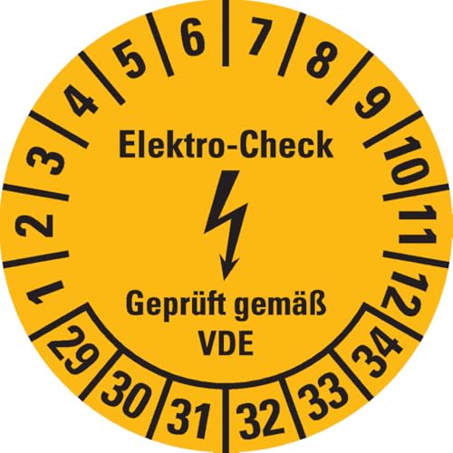 Dreifke® Prüfplakette Elektro-Check, VDE, 29-34, gelb, Dokumentenfolie, Ø 30mm, 108/Heft von Dreifke