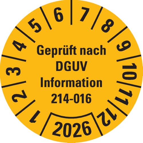 Dreifke® Prüfplakette Geprüft DGUV Info. 214-016, 2026, gelb, Dokumentenfolie, Ø 30mm, 18/Bogen von Dreifke