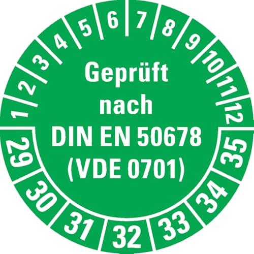Dreifke® Prüfplakette Geprüft nach DIN EN 50678 (VDE 0701) 29-35, grün, Dokumentenfolie, Ø30mm, 108/Heft von Dreifke