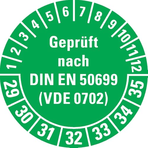 Dreifke® Prüfplakette Geprüft nach DIN EN 50699 (VDE 0702) 29-35, grün, Dokumentenfolie, Ø30mm, 108/Heft von Dreifke