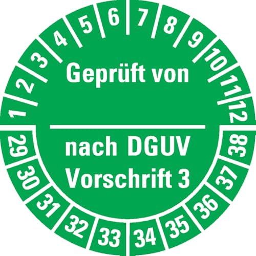 Dreifke® Prüfplakette Geprüft von-nach DGUV Vorschrift 3, 29-38, grün, Dokumentenfolie, Ø25mm, 105/Heft von Dreifke