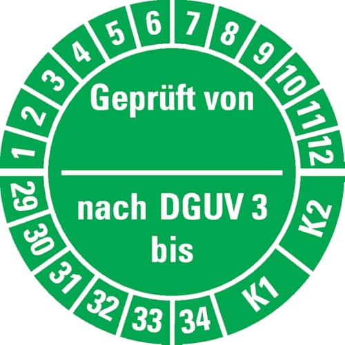 Dreifke® Prüfplakette Geprüft von - nach DGUV Vorschrift 3 K1/K2, 29-34, grün, Dokumentenfolie, Ø25mm, 105/Heft von Dreifke