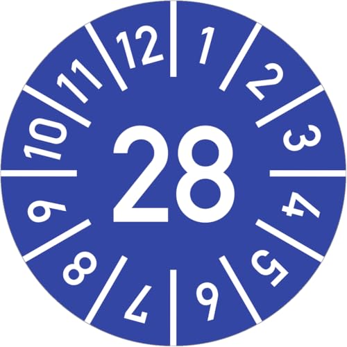 Dreifke® Prüfplakette Jahr 28 mit Monaten, blau, Dokumentenfolie, Ø 15 mm, 10 Stück/Bogen von Dreifke