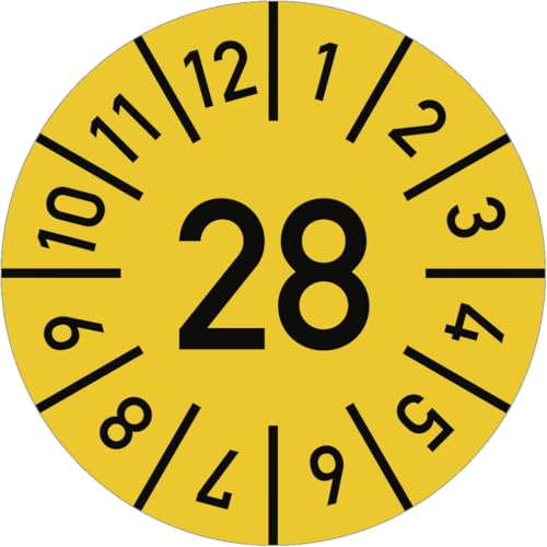 Dreifke® Prüfplakette Jahr 28 mit Monaten, gelb, Dokumentenfolie, Ø 15 mm, 10 Stück/Bogen von Dreifke