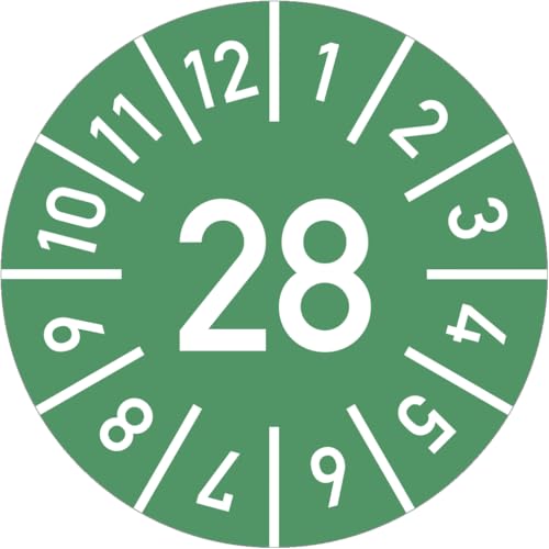 Dreifke® Prüfplakette Jahr 28 mit Monaten, grün, Dokumentenfolie, Ø 10 mm, 10 Stück/Bogen von Dreifke