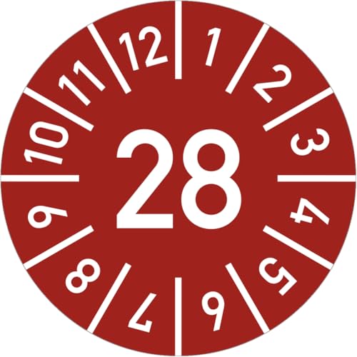 Dreifke® Prüfplakette Jahr 28 mit Monaten, rot, Folie, Ø 25 mm, 10 Stück/Bogen von Dreifke