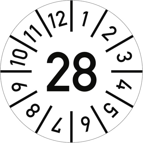 Dreifke® Prüfplakette Jahr 28 mit Monaten, weiß, Folie-Spezialkl., Ø 30 mm, 10 Stück/Bogen von Dreifke
