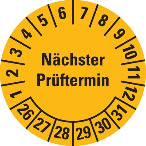 Dreifke® Prüfplakette Nächster Prüftermin, 26-31, gelb, Folie, ablösbar, Ø20mm, 36/Bogen von Dreifke