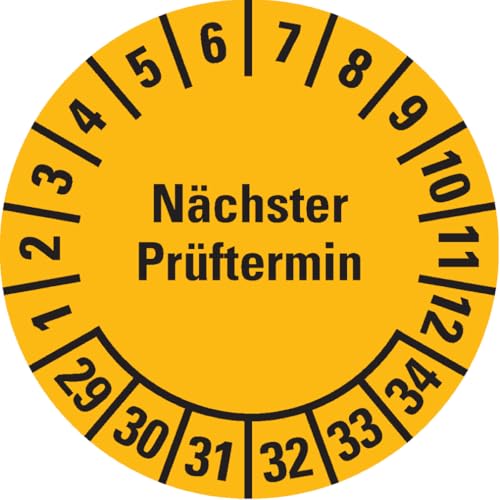 Dreifke® Prüfplakette Nächster Prüftermin 29-34, gelb, Dokumentenfolie, Ø 15mm, 60/Bogen von Dreifke