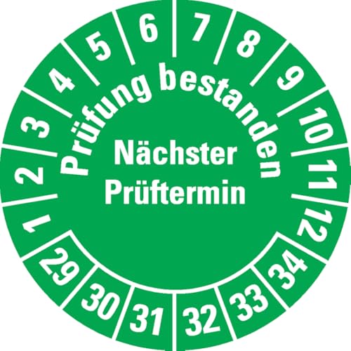 Dreifke® Prüfplakette Prüfung bestanden Nächster Prüftermin 29-34, grün, Dokumentenfolie, Ø 30mm, 108/Heft von Dreifke
