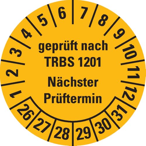 Dreifke® Prüfplakette TRBS 1201 nächster Prüftermin 26-31, gelb, Dokumentenfolie, Ø30mm, 18/Bogen von Dreifke
