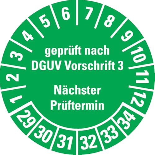 Dreifke® Prüfplakette geprüft DGUV Vorschrift 3 Nächster Prüftermin 29-34, grün, Dokumentenfolie, Ø 30mm, 108/Heft von Dreifke
