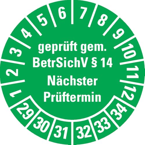 Dreifke® Prüfplakette geprüft gemäß BetrSichV §14, 29-34, grün, Dokumentenfolie, Ø30mm, 18/Bogen von Dreifke