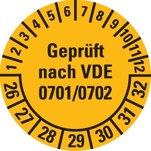 Dreifke® Prüfplakette geprüft nach VDE0701/0702, 26-32, gelb, Dokumentenfolie, Ø30mm, 108/Heft von Dreifke