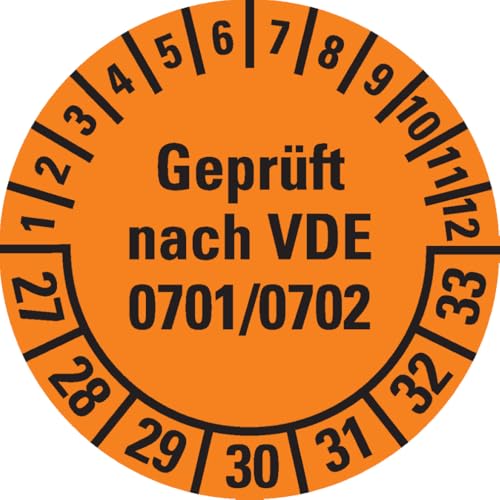 Dreifke® Prüfplakette geprüft nach VDE0701/0702, 27-33, orange, Dokumentenfolie, Ø30mm, 108/Heft von Dreifke
