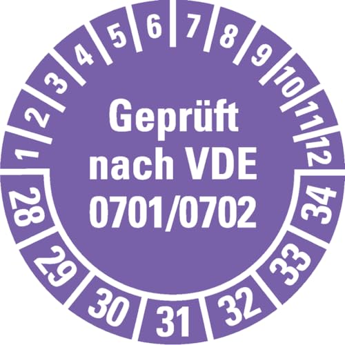 Dreifke® Prüfplakette geprüft nach VDE0701/0702, 28-34, violett, Dokumentenfolie, Ø30mm, 108/Heft von Dreifke