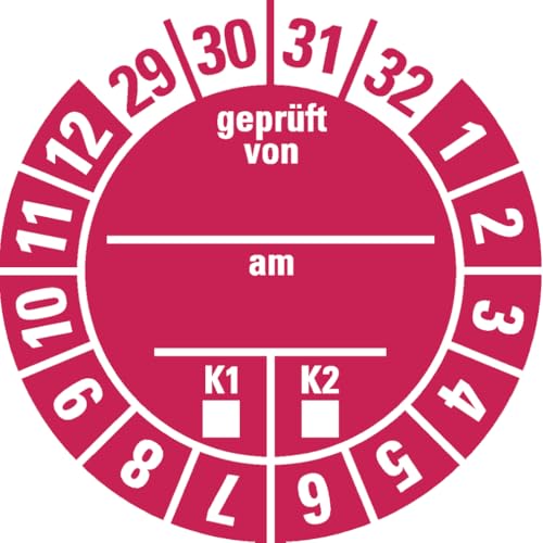 Dreifke® Prüfplakette geprüft von...am...K1 K2 29-32, rot, Dokumentenfolie, Ø 30mm, 18/Bogen von Dreifke